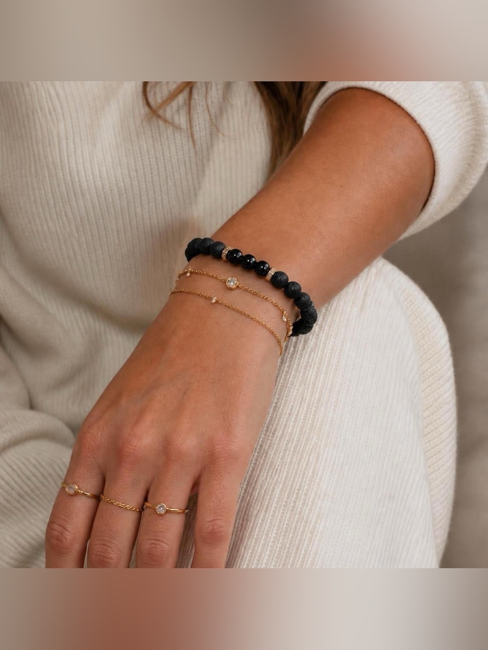 Black Lava Stone & Gold Accent - Woman’s Bead Bracelet